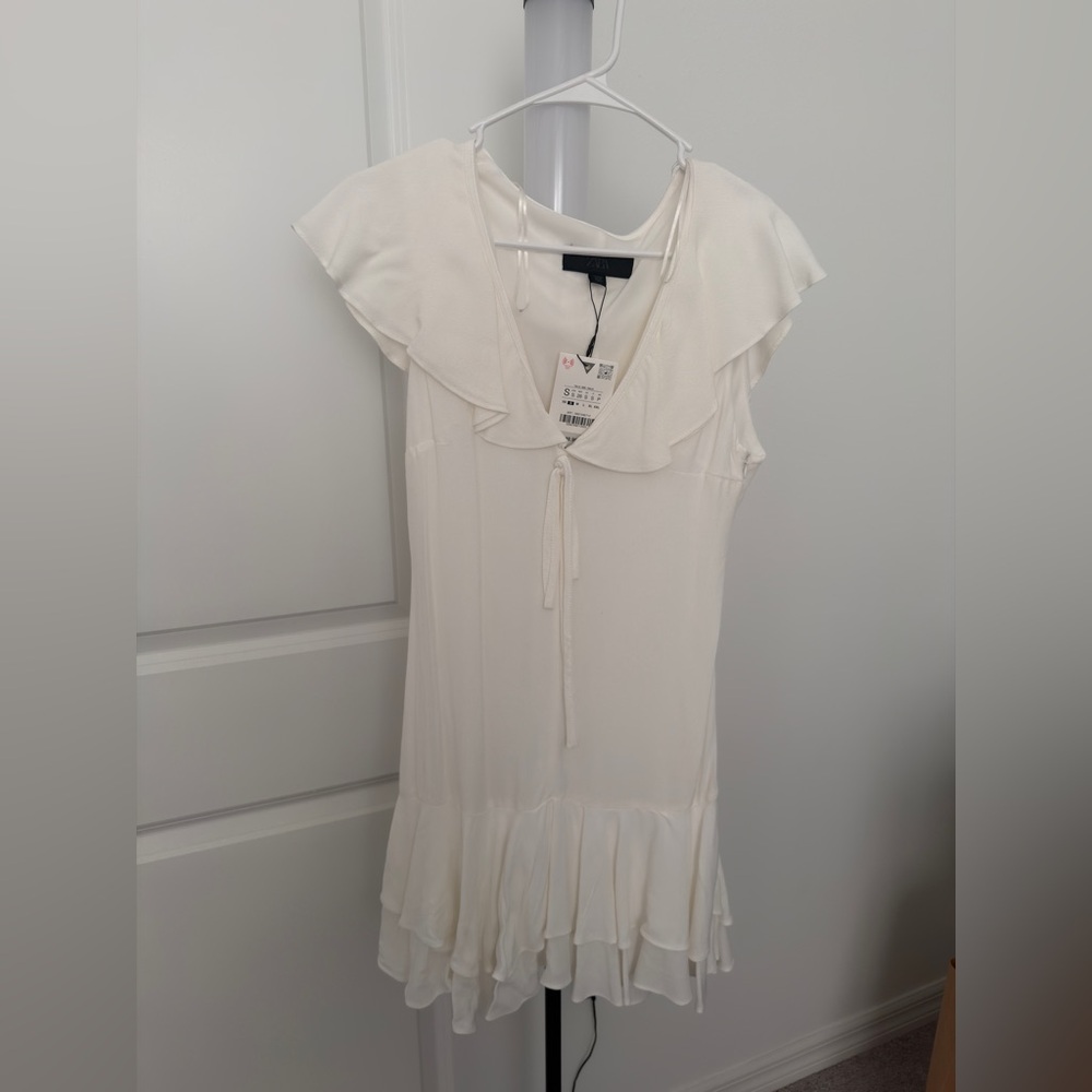 Zara White Ruffle-Trim Midi Dress
